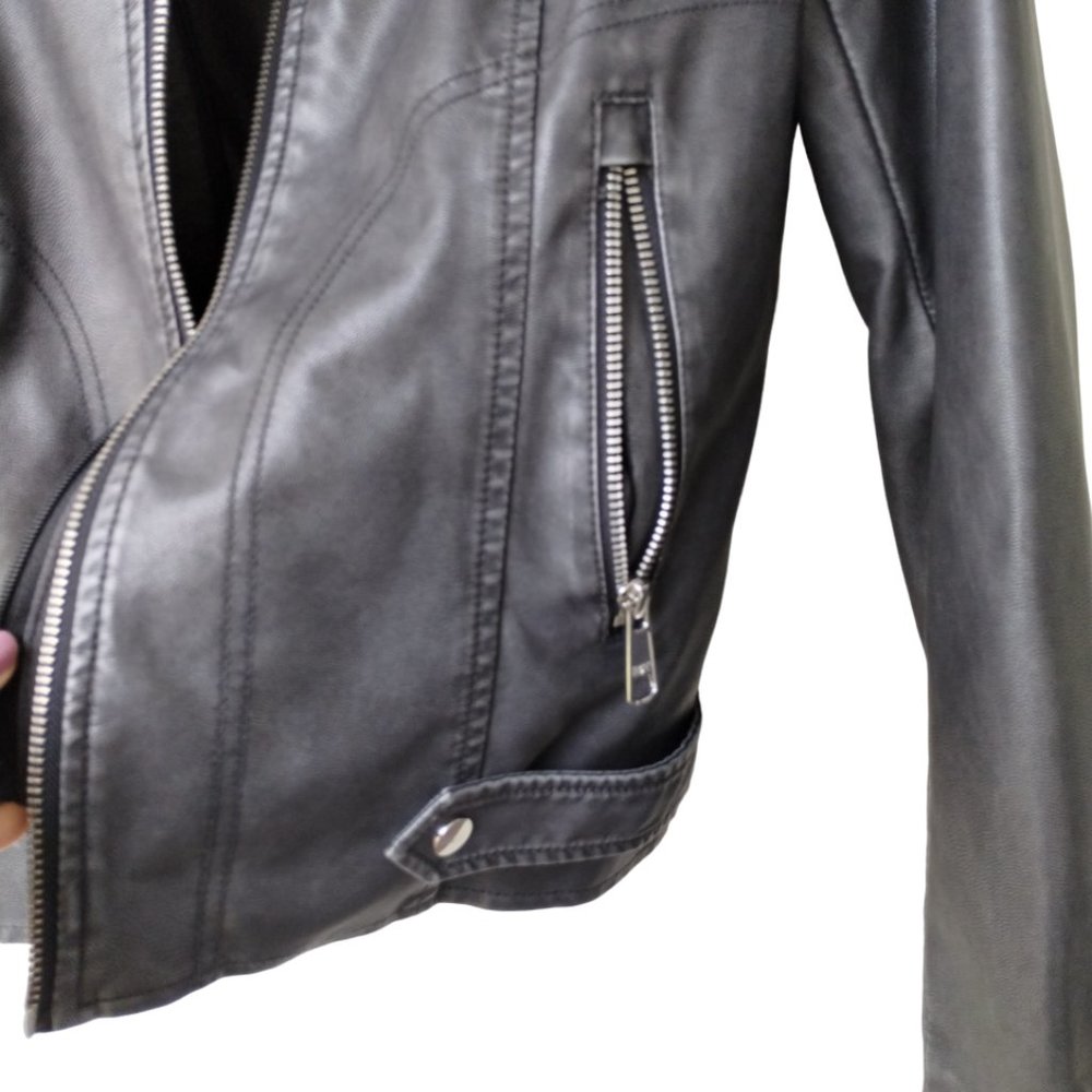 Black Rivet Vegan Leather Removable Hoodie Moto Jacket - Fits M - Carchoal/Black - Picture 13 of 16